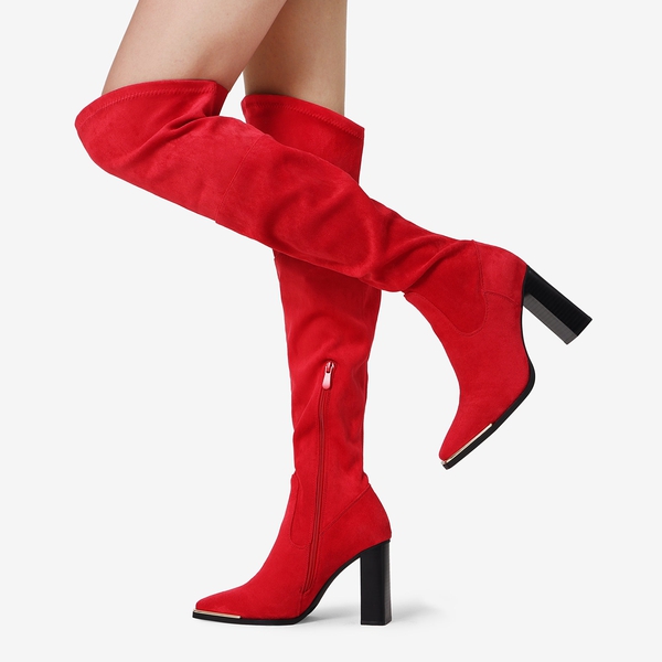 Square Toe High Heel Over The Knee Boots - RED SUEDE - 1